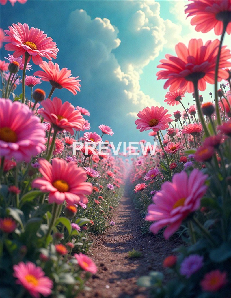 A vibrant flower field with pink daisies lining a dirt path under a partly cloudy sky with sunlight shining through.